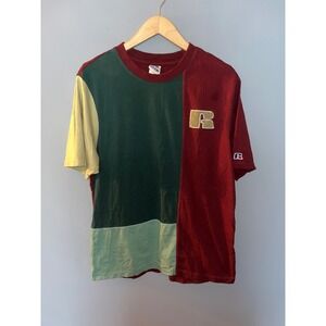 Russell Athletic Color Block T-Shirt Burgundy Green Gold‎ Patch Logo Mens Large